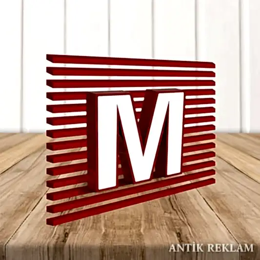 Alüminyum yan bant kutu harf M logo kırmızı beyaz 3D dekoratif harf tabela görünümü
