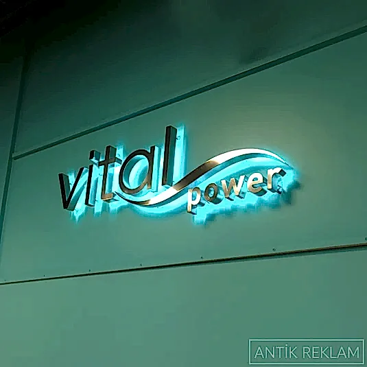 Vital Power paslanmaz kutu harf tabela endirek turkuaz halo aydınlatma iç mekan görünümü
