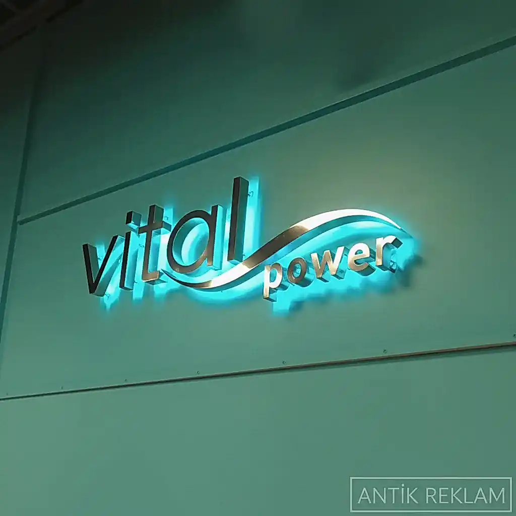 Vital Power paslanmaz kutu harf tabela endirek turkuaz halo aydınlatma iç mekan görünümü