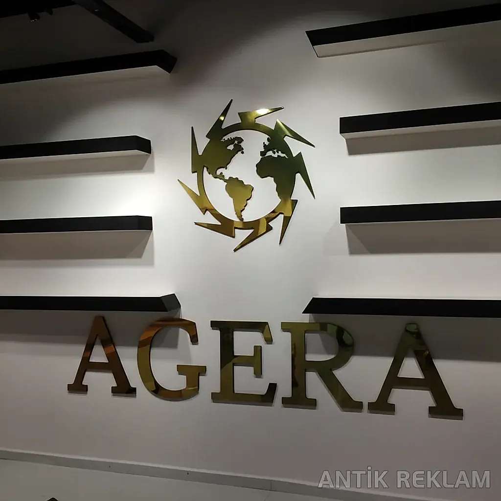 Agera paslanmaz çelik gold kesim logo tabela iç mekan duvar arka LED aydınlatma