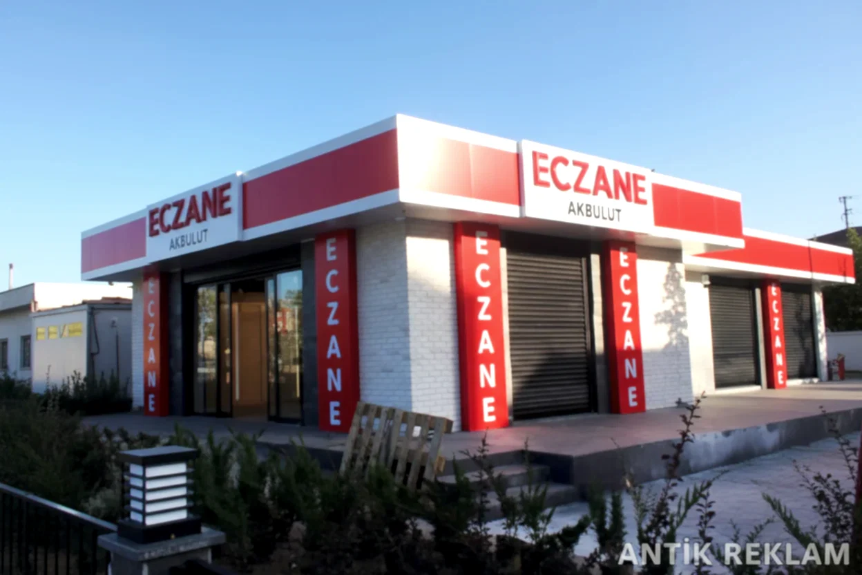 Akbulut Eczane şişirme kutu harf cephe tabela kırmızı zemin LED aydınlatmalı dış mekan uygulaması