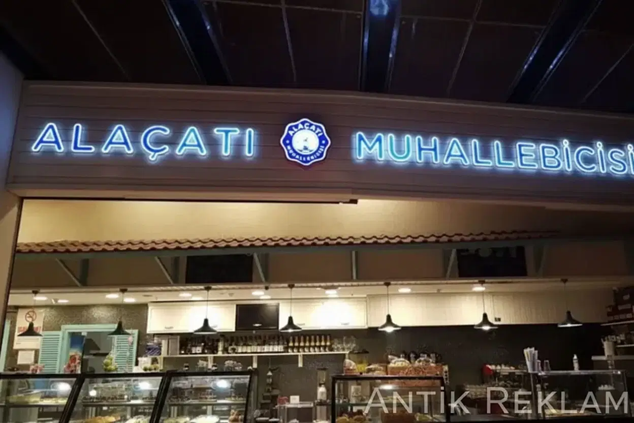 Alaçatı Muhallebicisi LED neon tabela mavi ışıklı cephe restoran