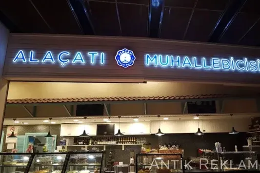 Alaçatı Muhallebicisi LED neon tabela mavi ışıklı cephe restoran